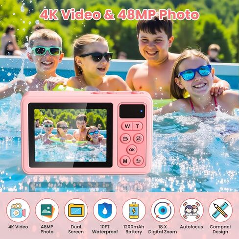 كاميرا رقمية تحت الماء بدقة 4K للأطفال: كاميرا مقاومة للماء بطول 10 أقدام - كاميرا عائمة بدقة 48 ميجابكسل للغطس - ركوب الأمواج - السباحة - صورة شخصية ذات شاشة مزدوجة - تركيز تلقائي - تكبير 18X - بطاقة TF سعة 32 جيجابايت - وردي - 2026 جديد in Kuwait
