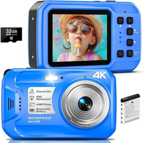 4K Underwater Camera, 64MP 16FT Waterproof Digital Camera with 32GB Card, Autofocus Floatable Waterproof Camera with IPS HD Screen, 16X Digital Zoom, Fill Light, for Snorkeling, Surfing, Swimming in Saudi Arabia