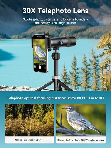 MIAO LAB 30X Telephoto Lens, High Power HD Telephoto Phone Lens with Adjustable Tripod and Universal Phone Clip, Phone Lens Attachment for iPhone 17/16/15/14/13 Series, Android and Most Smartphone in Saudi Arabia
