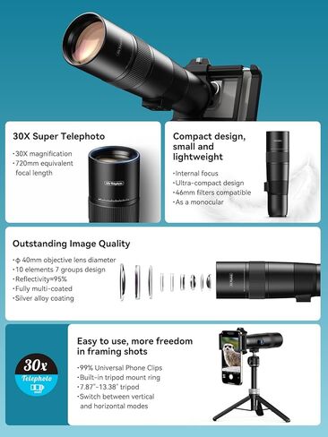 MIAO LAB 30X Telephoto Lens, High Power HD Telephoto Phone Lens with Adjustable Tripod and Universal Phone Clip, Phone Lens Attachment for iPhone 17/16/15/14/13 Series, Android and Most Smartphone in Saudi Arabia