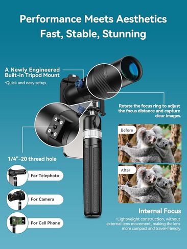 MIAO LAB 30X Telephoto Lens, High Power HD Telephoto Phone Lens with Adjustable Tripod and Universal Phone Clip, Phone Lens Attachment for iPhone 17/16/15/14/13 Series, Android and Most Smartphone in Saudi Arabia
