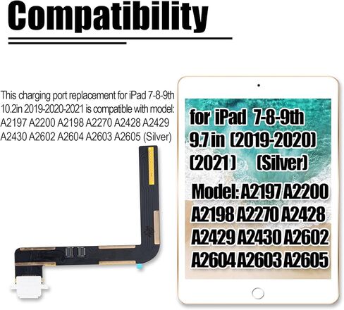 استبدال منفذ الشحن لجهاز iPad 7/8/9 Gen 10.2in 2019/2020/2021، استبدال كابل مرن لوحدة موصل قفص الاتهام متوافق مع: A2197 A2200 A2270 A2428 A2602 A2604 (فضي) in Kuwait