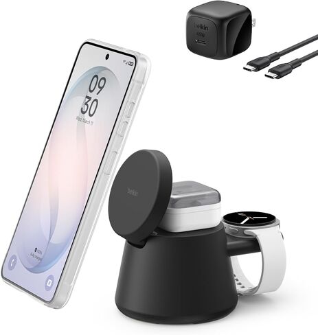 Belkin 3-in-1 Wireless Charging Station for Samsung Galaxy S26, Android - Qi2.2 25W Magnetic Charger for Pixel 10, iPhone 17, USB C Port for Galaxy, Pixel, & Apple Watch (Watch Charger Not Included) in Saudi Arabia