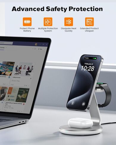 محطة شحن HERRBOLAI 3 في 1 متوافقة مع حامل شاحن لاسلكي Magsafe لهاتف iPhone 17 16 15 14 13 12 محطة شحن لاسلكية لأجهزة AirPods حامل شحن لاسلكي لسلسلة iWatch in Saudi Arabia