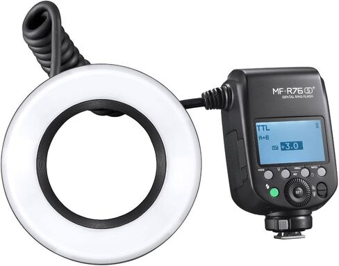 Flashpoint MF-R76S+ TTL Macro Dental Ring Flash متوافق مع كاميرات سوني، GN74 Macro Ringlight مع بطارية قابلة لإعادة التدوير، 0.1-1 ثانية، حلقات محول 49-77 مم للتصوير عن قرب وتصوير الأسنان in Kuwait