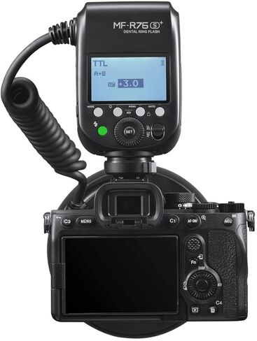 Flashpoint MF-R76S+ TTL Macro Dental Ring Flash متوافق مع كاميرات سوني، GN74 Macro Ringlight مع بطارية قابلة لإعادة التدوير، 0.1-1 ثانية، حلقات محول 49-77 مم للتصوير عن قرب وتصوير الأسنان in Kuwait