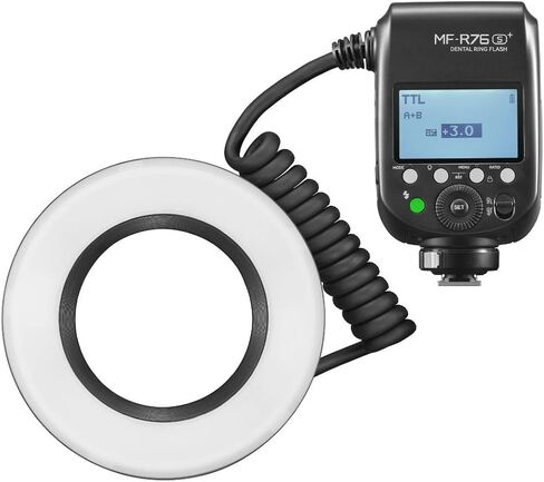 Flashpoint MF-R76S+ TTL Macro Dental Ring Flash متوافق مع كاميرات سوني، GN74 Macro Ringlight مع بطارية قابلة لإعادة التدوير، 0.1-1 ثانية، حلقات محول 49-77 مم للتصوير عن قرب وتصوير الأسنان in Kuwait