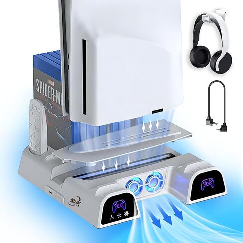 محطة تبريد وشحن SOTY PS5/Slim/Pro، حامل عمودي مع شاحن وحدة تحكم DualSense، حامل تخزين 11 قرص، خطاف سماعة الرأس ومنظم الكابلات، مصابيح RGB، حامل تبريد وحدة التحكم PS5/Pro/Slim، مجموعة الملحقات in Kuwait