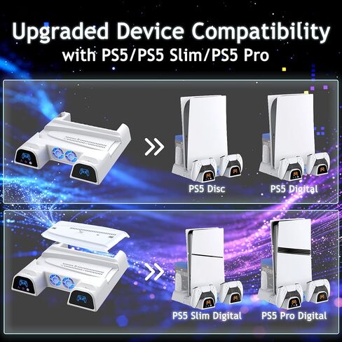 محطة تبريد وشحن SOTY PS5/Slim/Pro، حامل عمودي مع شاحن وحدة تحكم DualSense، حامل تخزين 11 قرص، خطاف سماعة الرأس ومنظم الكابلات، مصابيح RGB، حامل تبريد وحدة التحكم PS5/Pro/Slim، مجموعة الملحقات in Kuwait