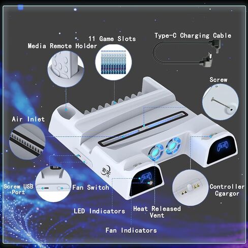 محطة تبريد وشحن SOTY PS5/Slim/Pro، حامل عمودي مع شاحن وحدة تحكم DualSense، حامل تخزين 11 قرص، خطاف سماعة الرأس ومنظم الكابلات، مصابيح RGB، حامل تبريد وحدة التحكم PS5/Pro/Slim، مجموعة الملحقات in Kuwait