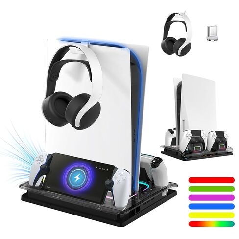 محطة تبريد وحامل وحدة تحكم لجهاز Ps5/Ps5 Slim/Ps5 Pro، قاعدة شحن وحدة تحكم مزدوجة مع RGB لجهاز Playstation 5، مع شاحن بوابة PS، ومنافذ شحن سماعة الرأس والحامل in Kuwait