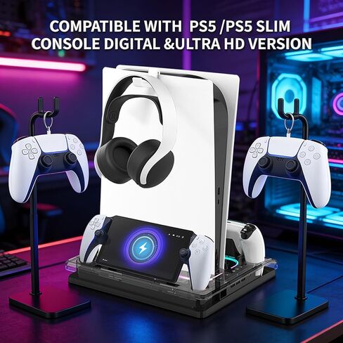 محطة تبريد وحامل وحدة تحكم لجهاز Ps5/Ps5 Slim/Ps5 Pro، قاعدة شحن وحدة تحكم مزدوجة مع RGB لجهاز Playstation 5، مع شاحن بوابة PS، ومنافذ شحن سماعة الرأس والحامل in Kuwait
