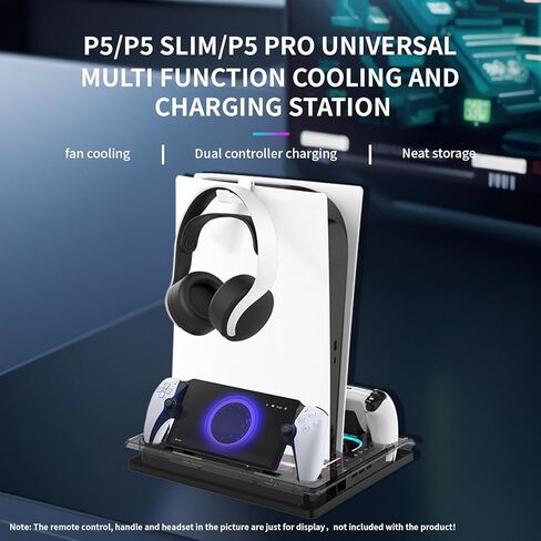 محطة تبريد وحامل وحدة تحكم لجهاز Ps5/Ps5 Slim/Ps5 Pro، قاعدة شحن وحدة تحكم مزدوجة مع RGB لجهاز Playstation 5، مع شاحن بوابة PS، ومنافذ شحن سماعة الرأس والحامل in Kuwait