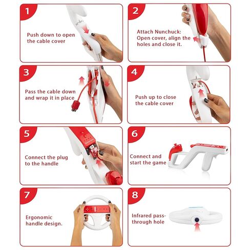 وحدات تحكم عن بعد FoToxi 8 قطع Wii Motion Plus لجهاز Wii & Wii U، حزمة مع Nunchucks وعجلات Mario Kart ومسدس Zapper الخفيف (2 وحدة تحكم، 2 Nunchucks، عجلتان، 2 مسدسات) in Kuwait