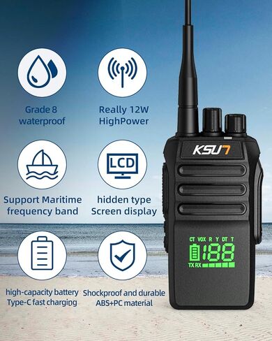 KSUN P88 راديو بحري محمول عائم IP68 مقاوم للماء، راديو بحري محمول ثنائي الاتجاه، قنوات بحرية دولية 136-174 ميجاهرتز شاشة LED للقوارب الآمنة، تصريف الاهتزاز، إضاءة خلفية، راديو القارب in Kuwait