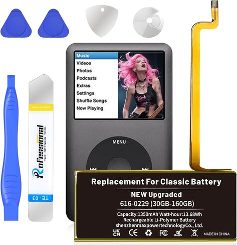 بطارية 616-0229، بطارية بديلة مطورة (1350 مللي أمبير في الساعة) لأجهزة iPod 5th 6th 7th Generation Video Classic A1136 A1238 6th 80GB 6.5th 120GB 7th 160GB 5th 30GB بطاريات مع مجموعة أدوات إصلاح in Kuwait
