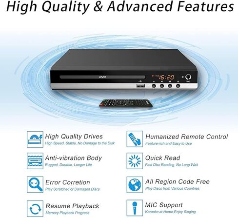 مشغل DVD منزلي، مشغل أقراص مضغوطة، مشغل DVD مدمج يدعم نظام NTSC/PAL مع مخرجات RCA ثابتة/مدخل USB 128G، ويحتوي على جهاز تحكم عن بعد وكابل RCA (بدون كابل HDMI) in Kuwait