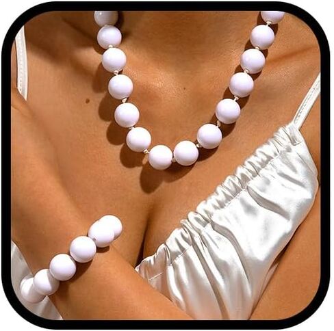 Black Bead Necklace and Bracelets Set for Women Chunky White Beaded Statement Necklaces Big Ball Choker Collar Large Beads Bold Jewelry Accessories in Saudi Arabia