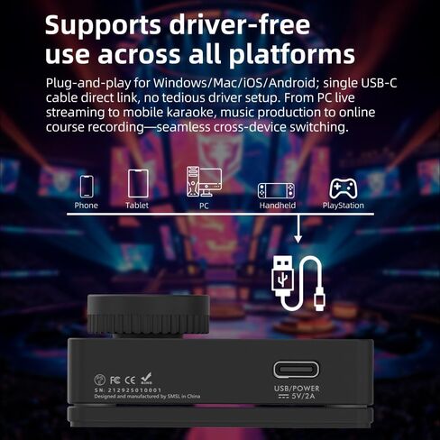 SMSL Nano ONE, Gaming External Sound Card Microphone/USB Input, 3.5mm Headphone Output Four Modes: Music/Game/7.1 Virtual/Voice Enhancement Connects to Phones/Tablets/Computers/Gaming Consoles in Saudi Arabia