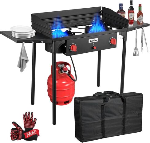 Bestfire 2 Burner Camping Stove with Windscreen& Side Shelves, Bag, Auto Ignition Button,Regulator,150,000 BTU High Pressure Camping Stove Propane Burner With Removable Legs for Outdoor BBQ&Backyard in Saudi Arabia