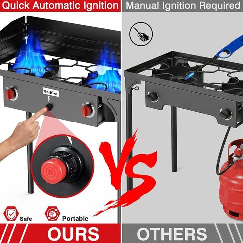Bestfire 2 Burner Camping Stove with Windscreen& Side Shelves, Bag, Auto Ignition Button,Regulator,150,000 BTU High Pressure Camping Stove Propane Burner With Removable Legs for Outdoor BBQ&Backyard in Saudi Arabia