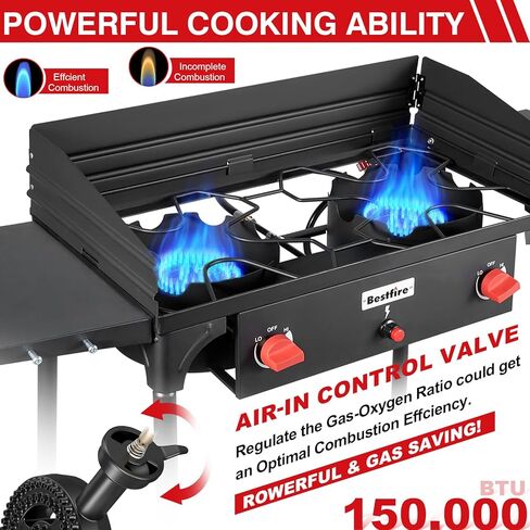Bestfire 2 Burner Camping Stove with Windscreen& Side Shelves, Bag, Auto Ignition Button,Regulator,150,000 BTU High Pressure Camping Stove Propane Burner With Removable Legs for Outdoor BBQ&Backyard in Saudi Arabia