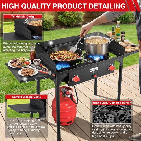 Bestfire 2 Burner Camping Stove with Windscreen& Side Shelves, Bag, Auto Ignition Button,Regulator,150,000 BTU High Pressure Camping Stove Propane Burner With Removable Legs for Outdoor BBQ&Backyard in Saudi Arabia