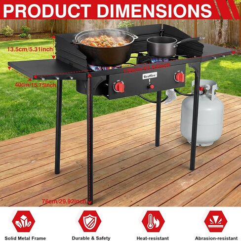 Bestfire 2 Burner Camping Stove with Windscreen& Side Shelves, Bag, Auto Ignition Button,Regulator,150,000 BTU High Pressure Camping Stove Propane Burner With Removable Legs for Outdoor BBQ&Backyard in Saudi Arabia