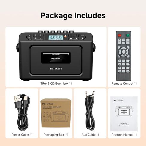 Retekess TR642 CD Player Boombox, CD Cassette Player AM/FM Radio, LED Ambient Lighting, 15H Long-Lasting, Dual-Speaker Stereo, Sleep Timer, USB/TF/AUX/Remote Control, Boomboxes for Home, Kids, Gifts in Saudi Arabia