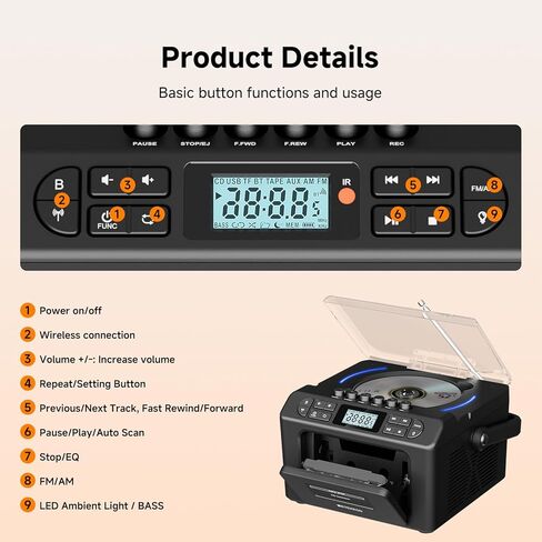 Retekess TR642 CD Player Boombox, CD Cassette Player AM/FM Radio, LED Ambient Lighting, 15H Long-Lasting, Dual-Speaker Stereo, Sleep Timer, USB/TF/AUX/Remote Control, Boomboxes for Home, Kids, Gifts in Saudi Arabia
