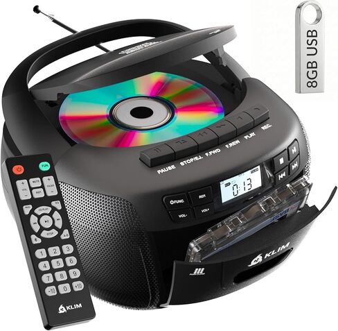 KLIM CD Player & Cassette Tape Player with Case, Bluetooth Boombox, AM/FM Radio, Stereo Sound, Remote, CD and Cassette Combo, Tape Recording, USB Drive, AUX, AC/DC Powered in Saudi Arabia