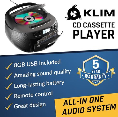 KLIM CD Player & Cassette Tape Player with Case, Bluetooth Boombox, AM/FM Radio, Stereo Sound, Remote, CD and Cassette Combo, Tape Recording, USB Drive, AUX, AC/DC Powered in Saudi Arabia