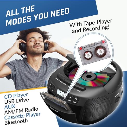 KLIM CD Player & Cassette Tape Player with Case, Bluetooth Boombox, AM/FM Radio, Stereo Sound, Remote, CD and Cassette Combo, Tape Recording, USB Drive, AUX, AC/DC Powered in Saudi Arabia