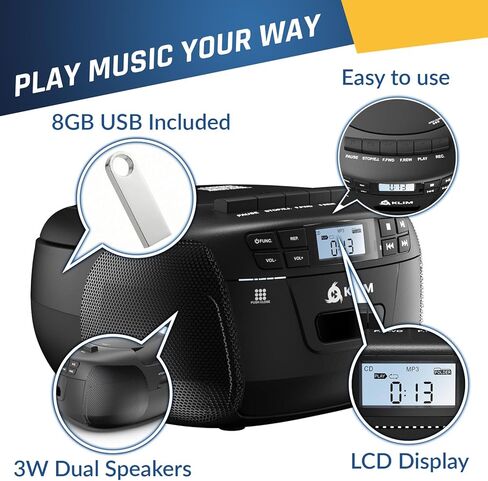 KLIM CD Player & Cassette Tape Player with Case, Bluetooth Boombox, AM/FM Radio, Stereo Sound, Remote, CD and Cassette Combo, Tape Recording, USB Drive, AUX, AC/DC Powered in Saudi Arabia