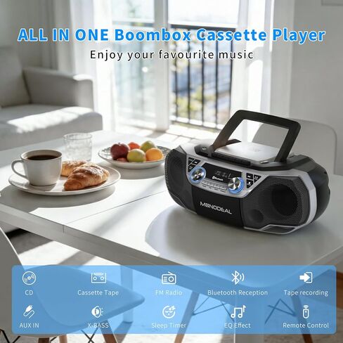 MONODEAL CD Player & Cassette Tape Player with Bluetooth, Powerful Stereo CD Player Boombox with X-BASS,CD and Cassette Player Combo,FM/USB/AUX & Remote, Tape Recording, Sleep Timer, AC/DC Powered in Saudi Arabia