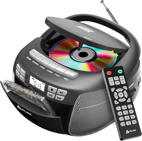 KLIM CD Player & Cassette Tape Player, Bluetooth Boombox, AM/FM Radio, Stereo Sound, Remote, CD and Cassette Combo, Tape Recording, USB Drive, AUX, AC/DC Powered - Silver in Saudi Arabia