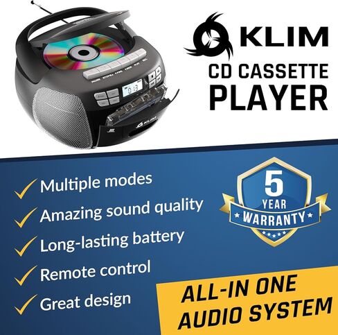 KLIM CD Player & Cassette Tape Player, Bluetooth Boombox, AM/FM Radio, Stereo Sound, Remote, CD and Cassette Combo, Tape Recording, USB Drive, AUX, AC/DC Powered - Silver in Saudi Arabia