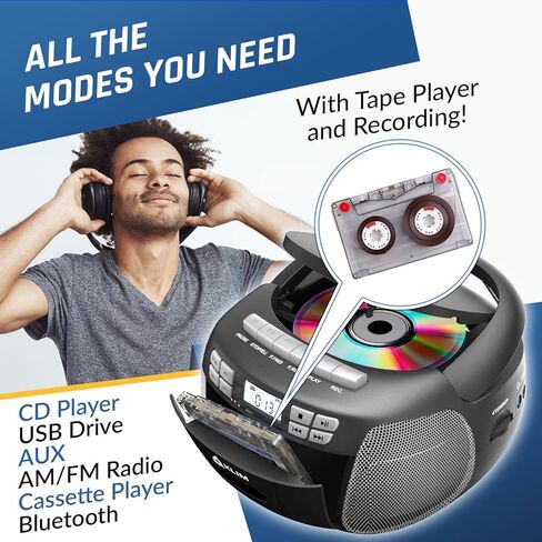 KLIM CD Player & Cassette Tape Player, Bluetooth Boombox, AM/FM Radio, Stereo Sound, Remote, CD and Cassette Combo, Tape Recording, USB Drive, AUX, AC/DC Powered - Silver in Saudi Arabia
