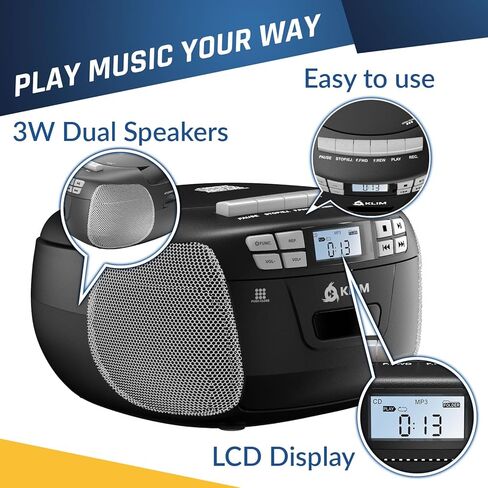 KLIM CD Player & Cassette Tape Player, Bluetooth Boombox, AM/FM Radio, Stereo Sound, Remote, CD and Cassette Combo, Tape Recording, USB Drive, AUX, AC/DC Powered - Silver in Saudi Arabia