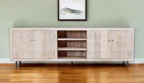 HomeRoots 489508 92 in. Ivory Carved Geometric Distressed Solid Wood Enclosed & Open Storage TV Stand in Saudi Arabia