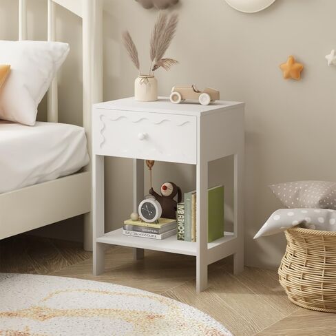 Solid Wood Nightstand with Drawer and Open Shelf Modern Wave Pattern Accent End Table for Bedroom Living Room Small Space Home Furniture in Saudi Arabia