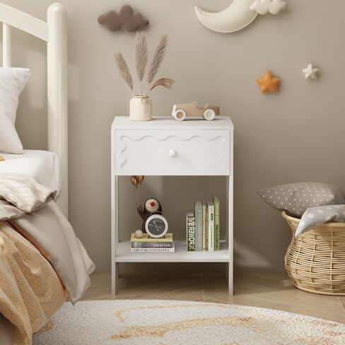 Solid Wood Nightstand with Drawer and Open Shelf Modern Wave Pattern Accent End Table for Bedroom Living Room Small Space Home Furniture in Saudi Arabia