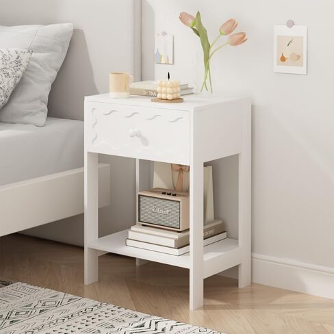 Solid Wood Nightstand with Drawer and Open Shelf Modern Wave Pattern Accent End Table for Bedroom Living Room Small Space Home Furniture in Saudi Arabia