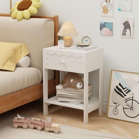 Solid Wood Nightstand with Drawer and Open Shelf Modern Wave Pattern Accent End Table for Bedroom Living Room Small Space Home Furniture in Saudi Arabia