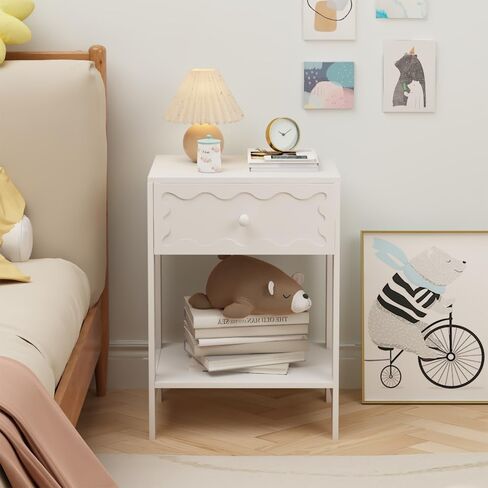Solid Wood Nightstand with Drawer and Open Shelf Modern Wave Pattern Accent End Table for Bedroom Living Room Small Space Home Furniture in Saudi Arabia