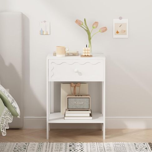 Solid Wood Nightstand with Drawer and Open Shelf Modern Wave Pattern Accent End Table for Bedroom Living Room Small Space Home Furniture in Saudi Arabia