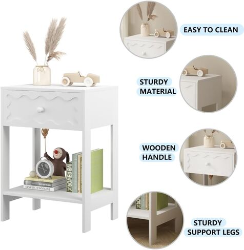Solid Wood Nightstand with Drawer and Open Shelf Modern Wave Pattern Accent End Table for Bedroom Living Room Small Space Home Furniture in Saudi Arabia