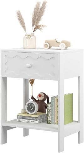 Solid Wood Nightstand with Drawer and Open Shelf Modern Wave Pattern Accent End Table for Bedroom Living Room Small Space Home Furniture in Saudi Arabia