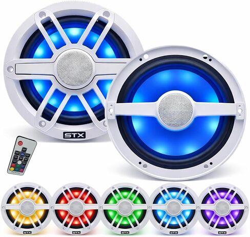 STX Audio STX65MXW - مكبرات صوت بحرية محورية مقاس 6.5 بوصة، طاقة قصوى 600 وات، إضاءة LED RGB، مقاومة للماء - مثالية للقوارب وأجهزة UTV وATV in Kuwait