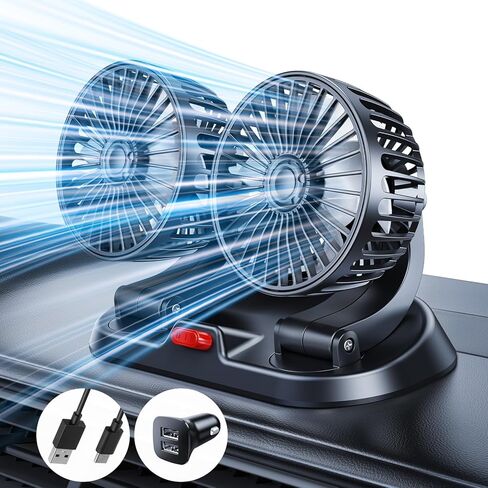 مروحة USB للسيارة، مروحة تبريد للمقعد الأمامي مزدوجة الرأس، تدفق هواء قوي، دوران 360 درجة، قابس ولاعة سجائر 5 فولت/12 فولت/24 فولت، يناسب سيارات RV وسيارات السيدان وسيارات الدفع الرباعي in Saudi Arabia